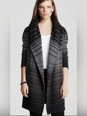 $385 Vince So Grey Black Striped Blanket Cardigan Sweater Coat